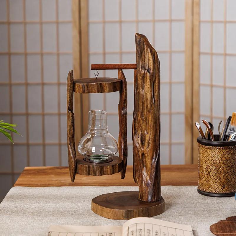Log Wind Lamp Creative Candlestick Retro Southeast Asia Glass Cover Candlestick Outdoor Windproof Lantern Zen Decoration