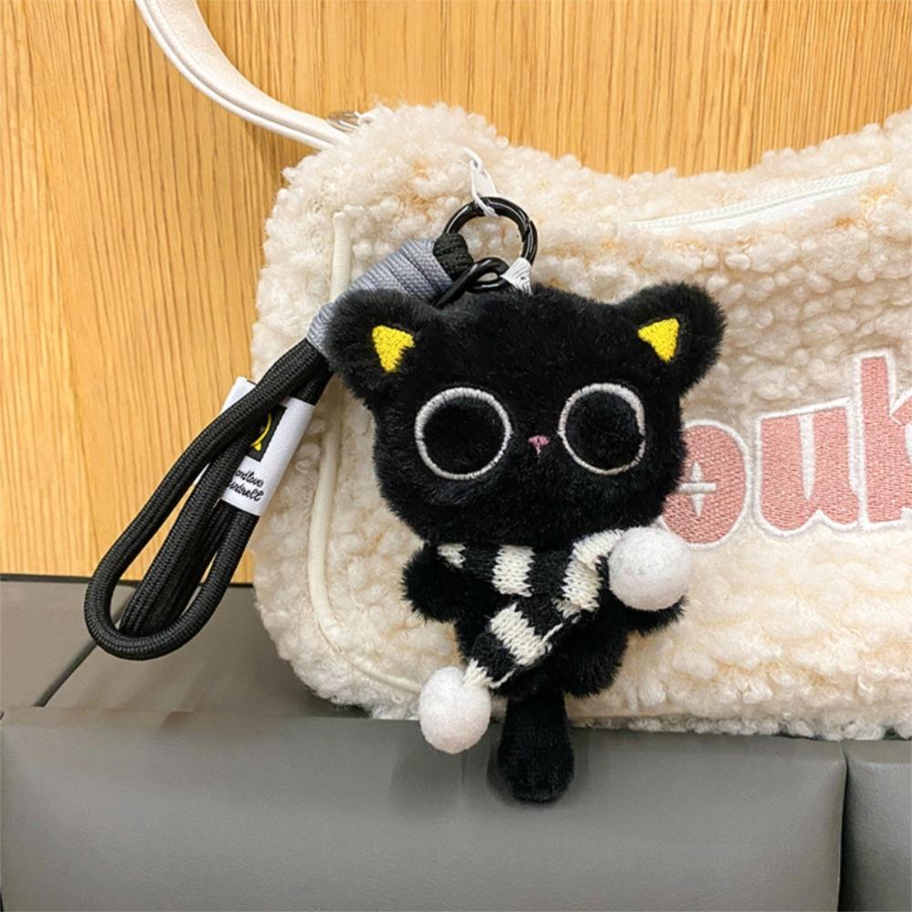 Stripe Scarf Black Cat Plush Keychain Soft Car Key Ring Doll Bag Pendant  School Bag Decoration