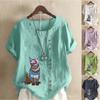 Женская мода, летняя футболка с короткими рукавами с круглым вырезом и принтом кота, повседневная хлопково-льняная рубашка с рисунком, свободная блузка для отдыха, топы больших размеров