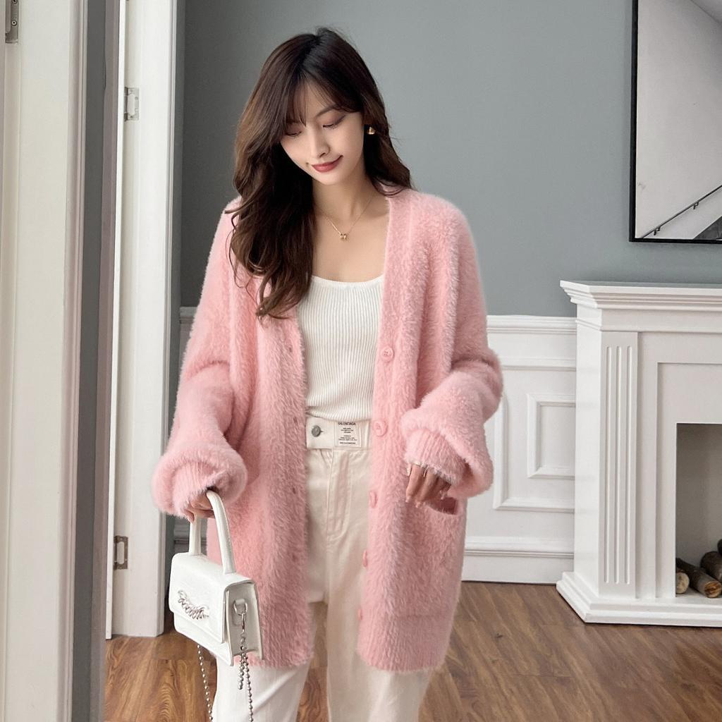Faux Mink V-neck Lazy Wind Knitted Cardigan Lantern Sleeve Sweater Women's Fall and Winter Pocket Paragraph Jacket