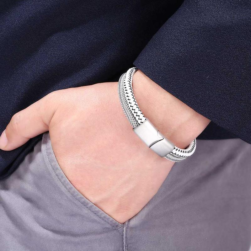 Панк-рок плетеные мужские кожаные браслеты модные браслеты из нержавеющей стали с застежкой двухслойный дизайн браслет