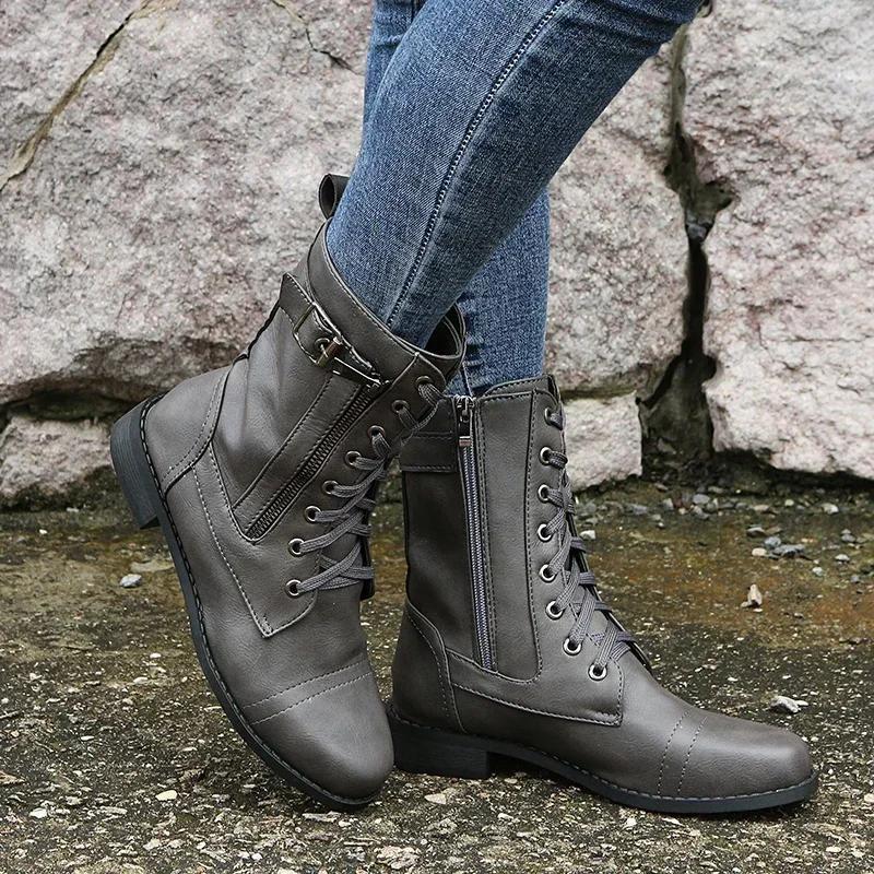 New Plus Size Retro Western-Style Women's Motorcycle Boots with Punk Buckle and Zipper-Mid Calf Lace-Up Boots