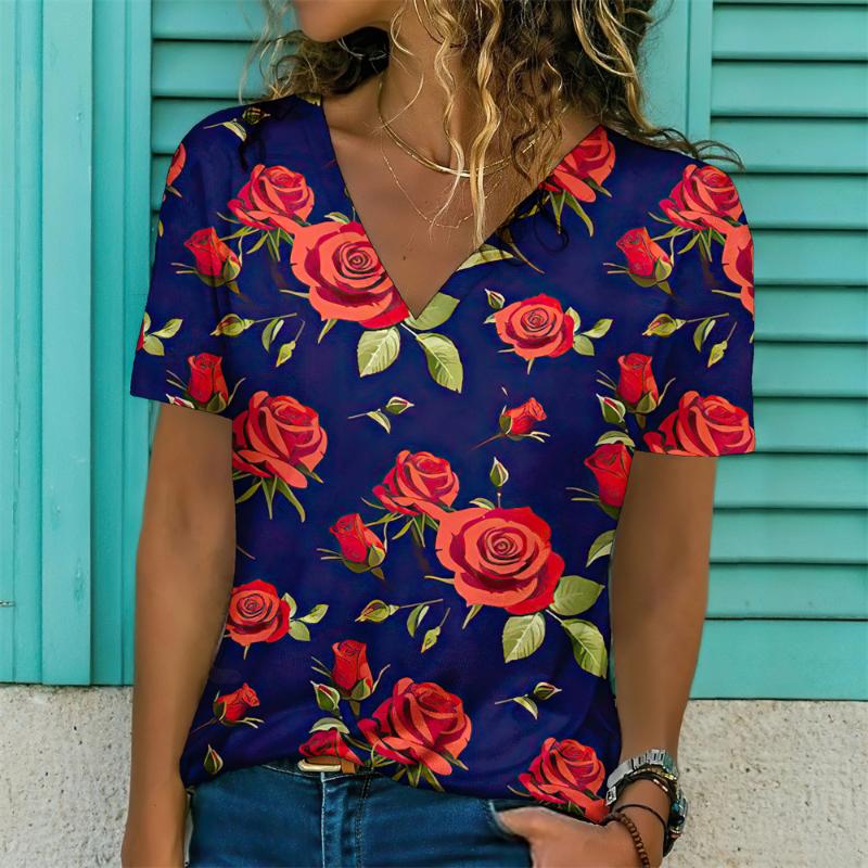 Новинка 2024 года, женская футболка с цветочным принтом, топ больших размеров, женская трендовая одежда, модная рубашка с коротким рукавом, большая блузка с v-образным вырезом
