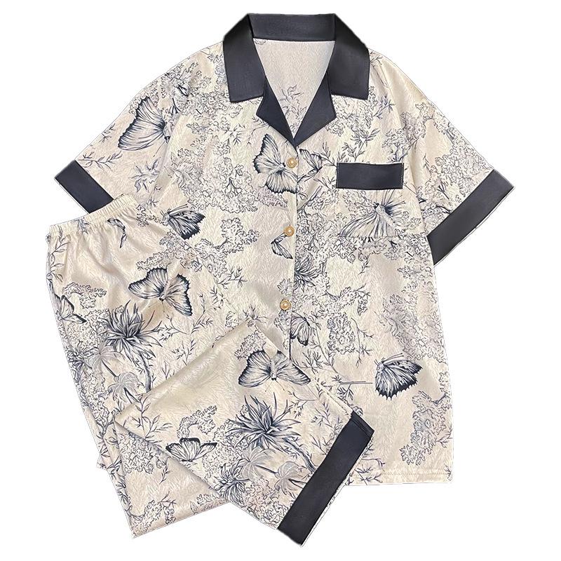 Женская шелковая пижама с цветочным принтом - С длинным рукавом, тонкая и стильная корейская домашняя одежда для весны/осени