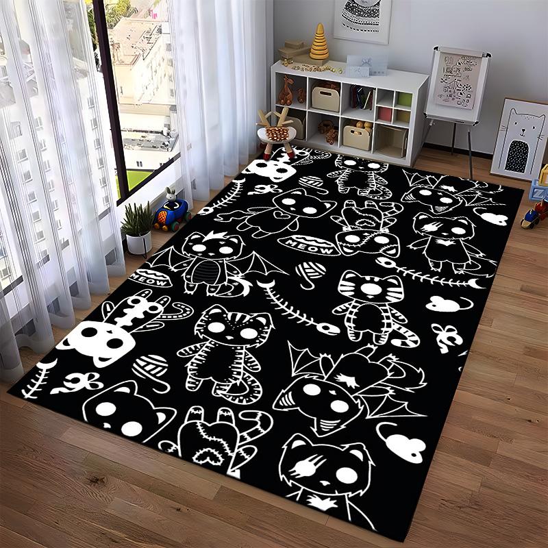 Black Carpet Featuring Cute Cartoon Cats1Bat-Wing Design1Fishbones1Unique Style Suitable for use as an anti-slip1 for1room and bedroom sofas