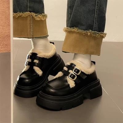 Популярные маленькие кожаные туфли в британском стиле женские осень-зима 2025 новые на толстой подошве супермягкие бархатные хлопковые туфли на одной педали туфли Мэри Джейн