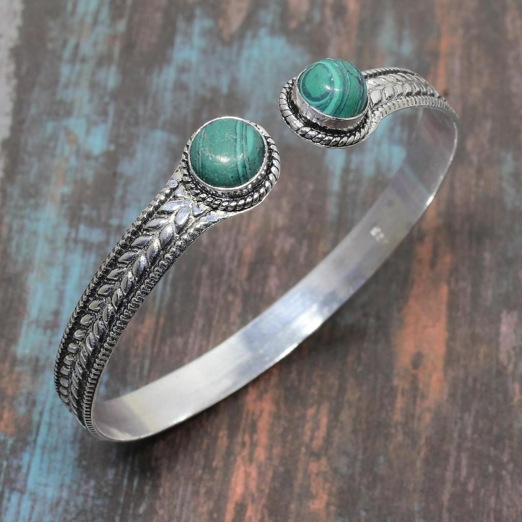 Малахитовый драгоценный камень ручной работы Твердый браслет из стерлингового серебра 925 пробы Регулируемый