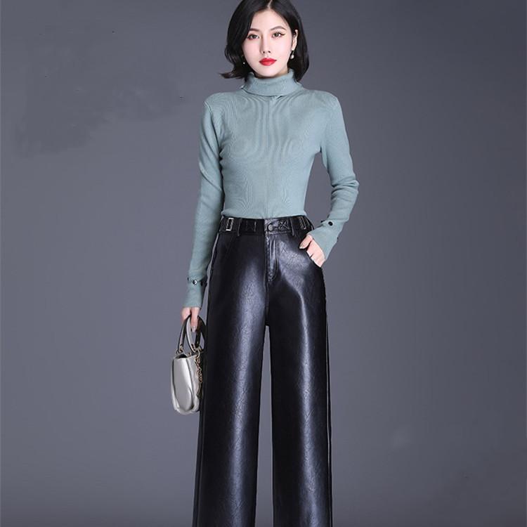 Autumn and Winter Women's Fashion Leisure Thin High Waist Wide Leg Leather Pants Simple and Versatile Floor Dragging Straight Pants