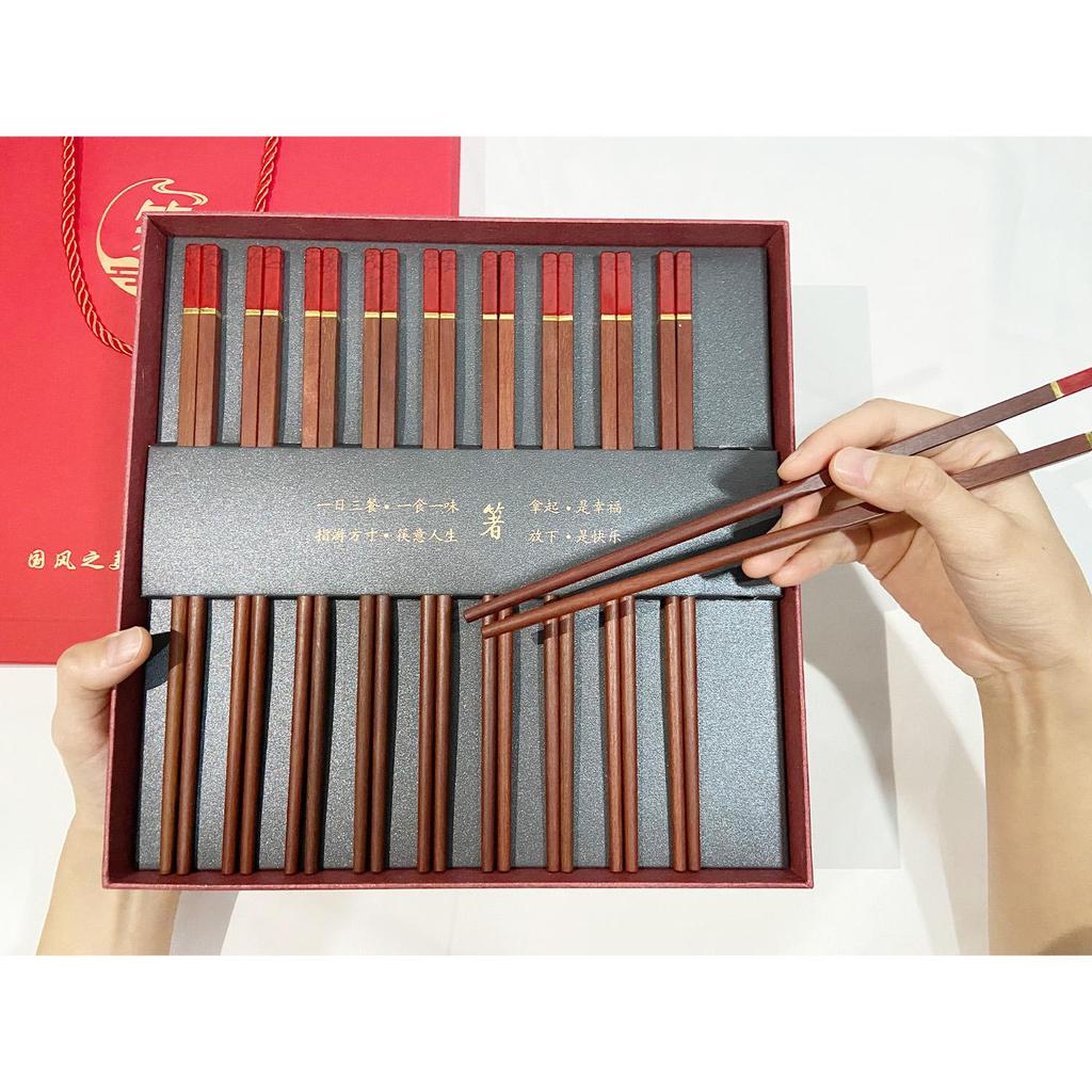 Red Sandalwood Chopsticks Gift Set – 10 Pairs Premium Wooden Dining Utensils In Luxury Gift Box