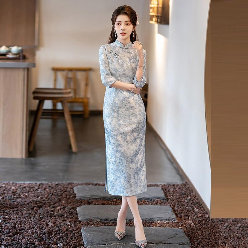 Womens Vintage-Inspired Long Sleeve Cheongsam Dress With Elastic Waist Fall Winter Plus Size Modest Fashion