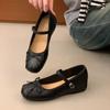 Inner Height Increase Yellow Bow Mary Jane Single Shoes Women's Shoes 2025 Spring and Summer with Skirt Ballet Beanie Shoes