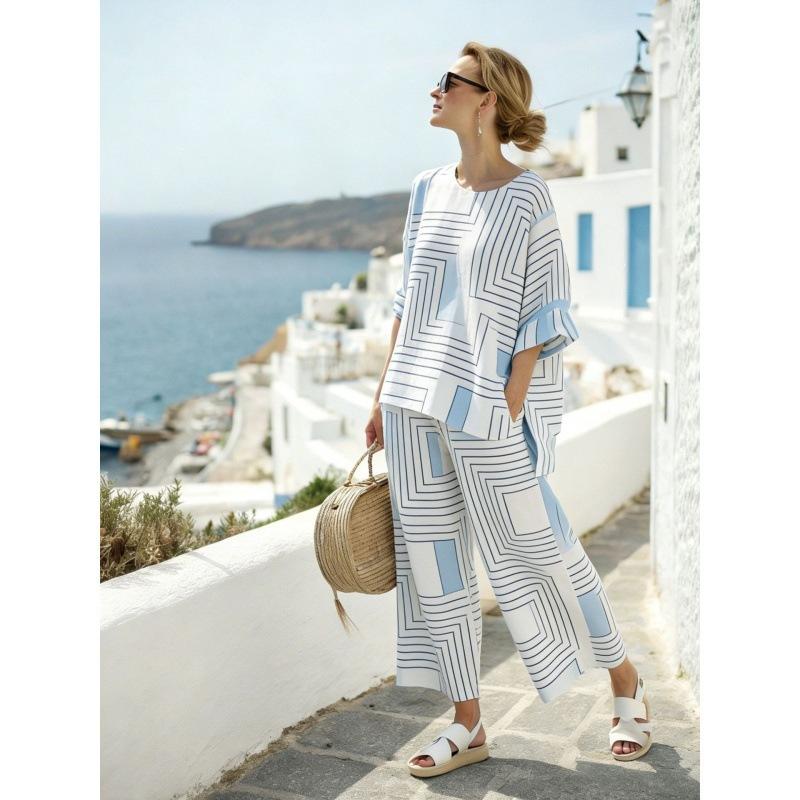 1116 Spring/Summer Printed Two-Piece Elegant Crew Neck T-Shirt, Loose Cropped Wide-Leg Pants, European and American Casual Women's Wear