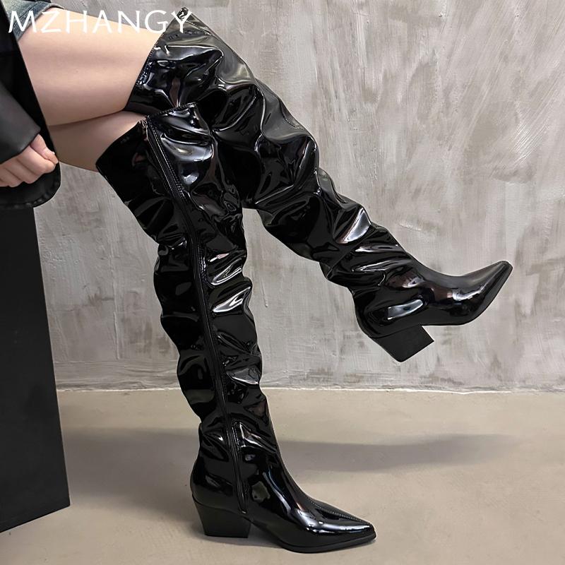 Модные женские кожаные сапоги с острым носком, сексуальные туфли на среднем каблуке, плиссированные туфли для женщин, трендовые туфли-лодочки 2025 года, ботинки челси, зимние готические женские ботинки