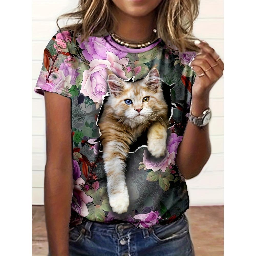 Women's 3d Cute Cat Pattern Printed T-shirt Summer Fashion Popular Clothing Casual Daily Wear