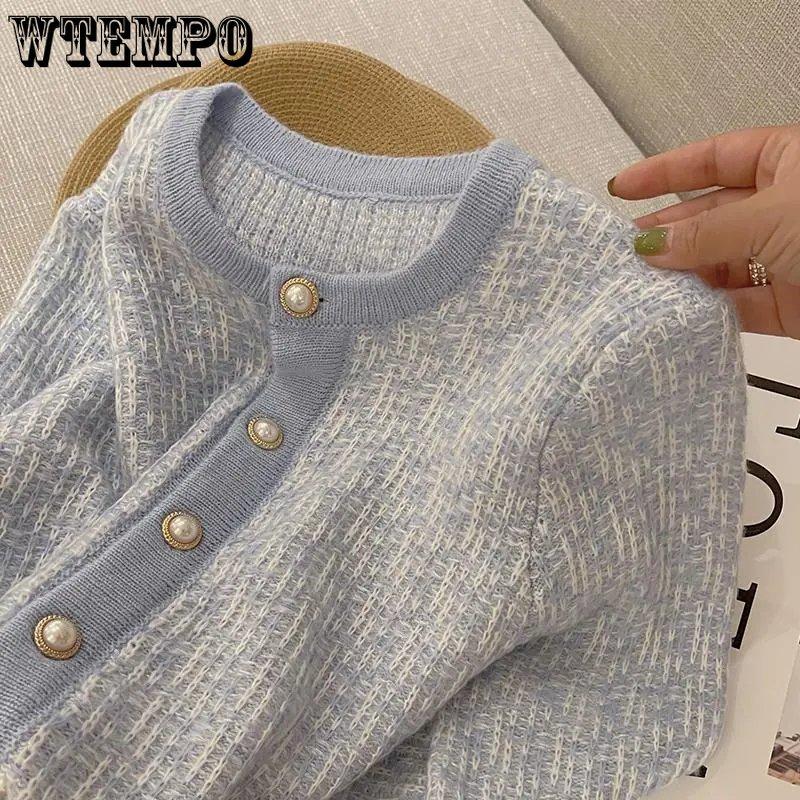WTEMPO Женский синий свитер с круглым вырезом и жемчужными пуговицами, кардиган с длинными рукавами, повседневные винтажные мешковатые вязаные топы, верхняя одежда