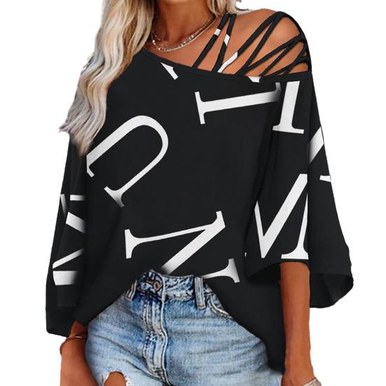 Женский топ с вырезом на одно плечо, косая шея, сплошной цвет, с буквенным принтом, свободные рукава три четверти, мягкая дышащая женская футболка средней длины