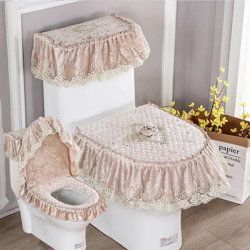 3 шт. Бархатный коврик для туалета в стиле юбки, украшенный вышивкой и кружевом, коврик для сиденья унитаза, печатный пылезащитный чехол для унитаза