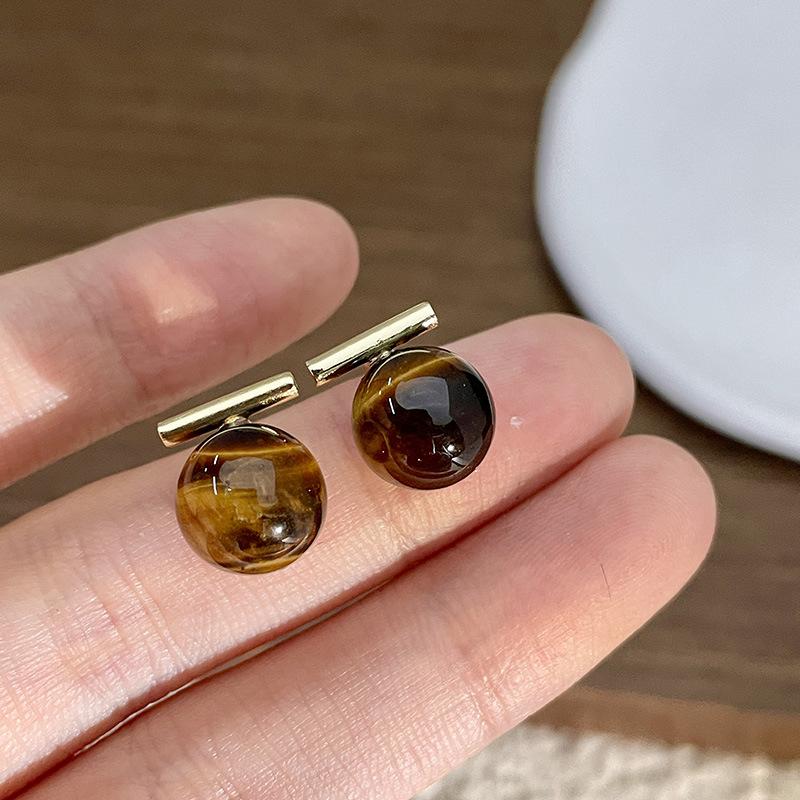 Серьги JMXD из натурального камня Тигровый глаз для женщин, Минималистичные изящные золотистые пусеты, Ретро эстетика, Украшения для ушей, Серьги с кристаллами для исцеления чакр