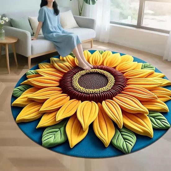 3D Sunflower Floral Plush Rug Non-Slip Backing Easy To Clean Various Sizes Living Room Rug Home Decor