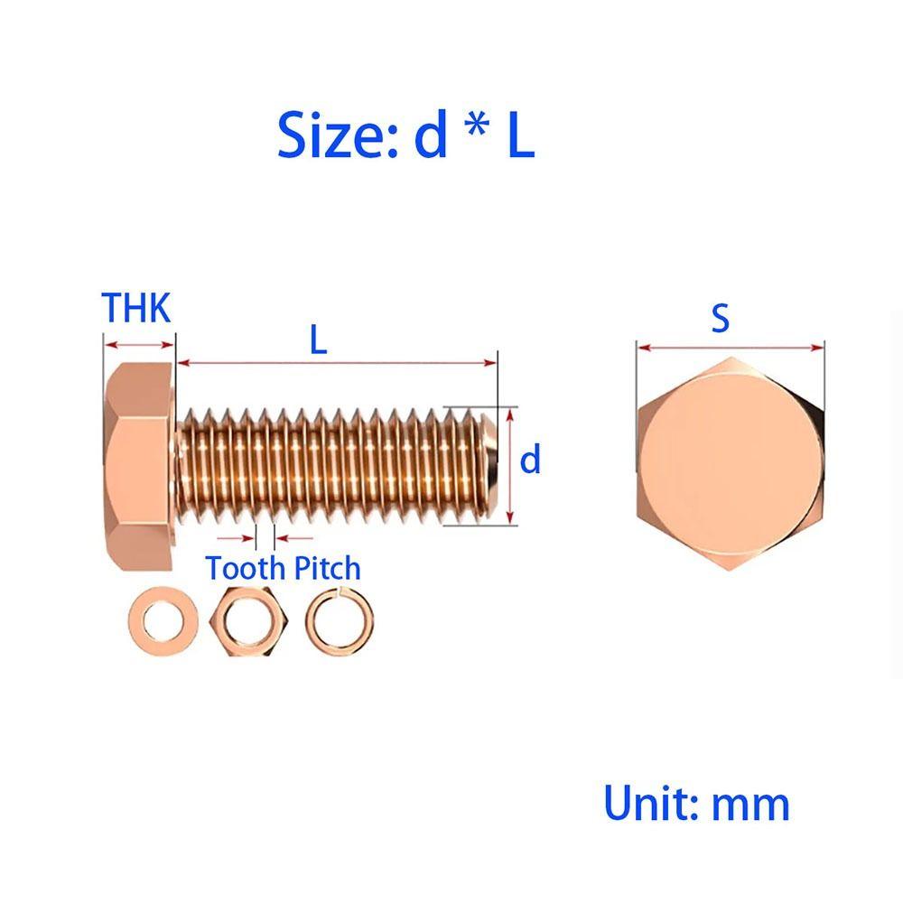 1-1 Комплекты M1-M16 Наборы шестигранных болтов из красной меди T1 Красная медь 6-111 мм Внешний шестигранный болт Плоская шайба Пружинная шайба