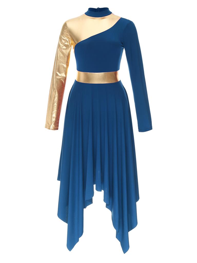 Women Slim Waist Party Gown Praise Liturgical Lyrical Dance Dress High Low Worship Costume Metallic Color Block Dress
