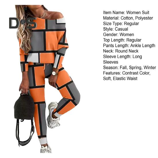 2 Pcs/Set Women Top Pants Suit Color Matching Off Shouder Long Sleeve Loose Elastic Waist Patchwork Women Spring Fall T-shirt Trousers Set Lady