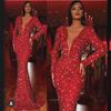 2025 Красное блестящее платье-рыбий хвост с длинными рукавами и V-образным вырезом для женщин