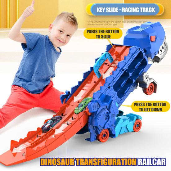 1 Set Dinosaur Swallow Truck Toy with Small Alloy Car Foldable Track Portable Handle Inertial Drive Dinosaur Container Carrier Vehicle Toy Boys Girls