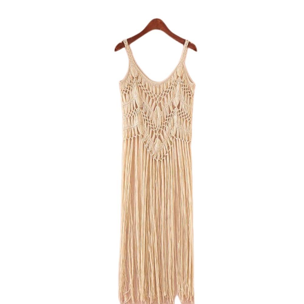 Bohemian Style Beach Dress Polyester Fibre Tassel Vest Elegant Knit Gown  Beach Vacation