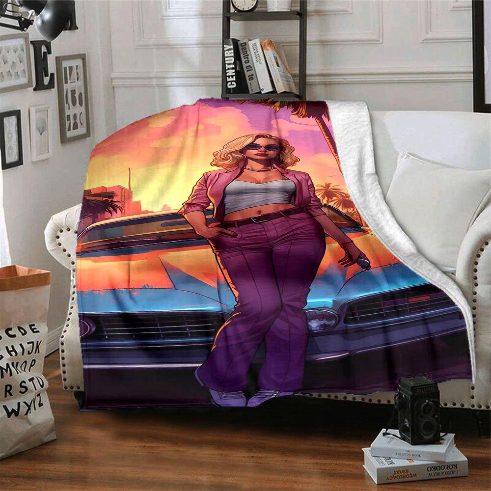 1 шт. Мягкое фланелевое одеяло Grand Theft Auto с дизайнерским принтом. Уютное одеяло для всех сезонов, идеально подходит для дивана, кровати, офиса