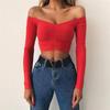 European and American women's clothing bottoming shirt slim-fitting open-navel long-sleeved t-shirt women's design sense one-word shoulder top women's