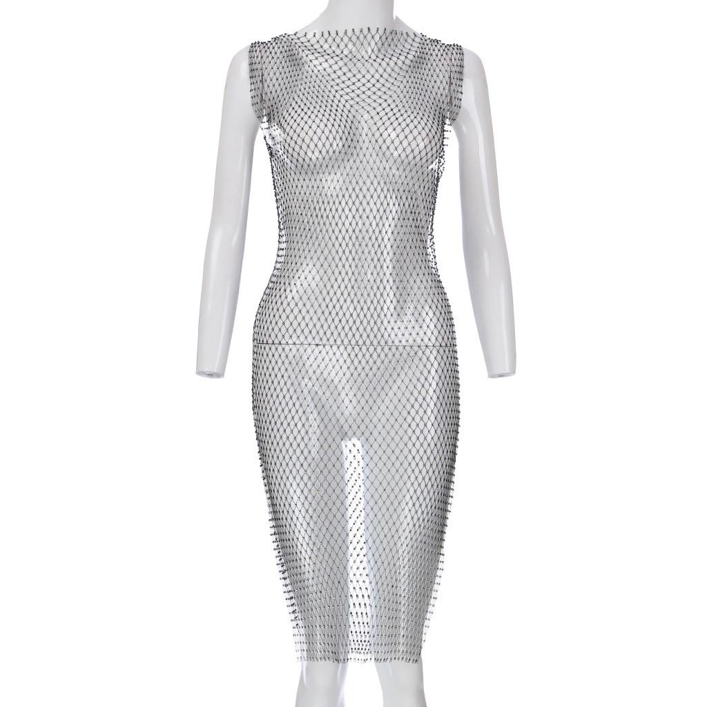 Женское летнее пляжное платье с ажурной сеткой и эластичными стразами