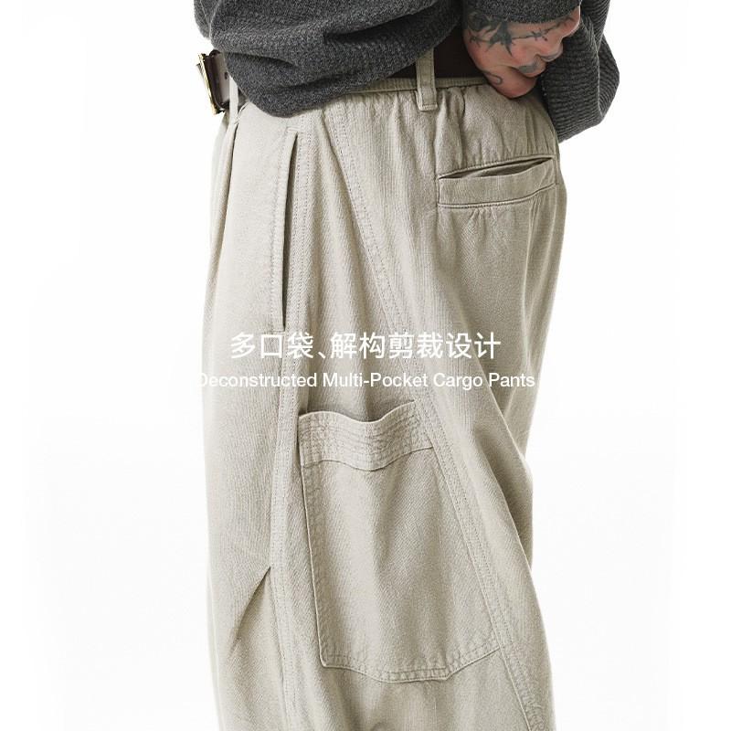 Mens Straight Leg Cargo Pants American Deconstructed Style Loose Fit Multi-Pocket Casual Trousers