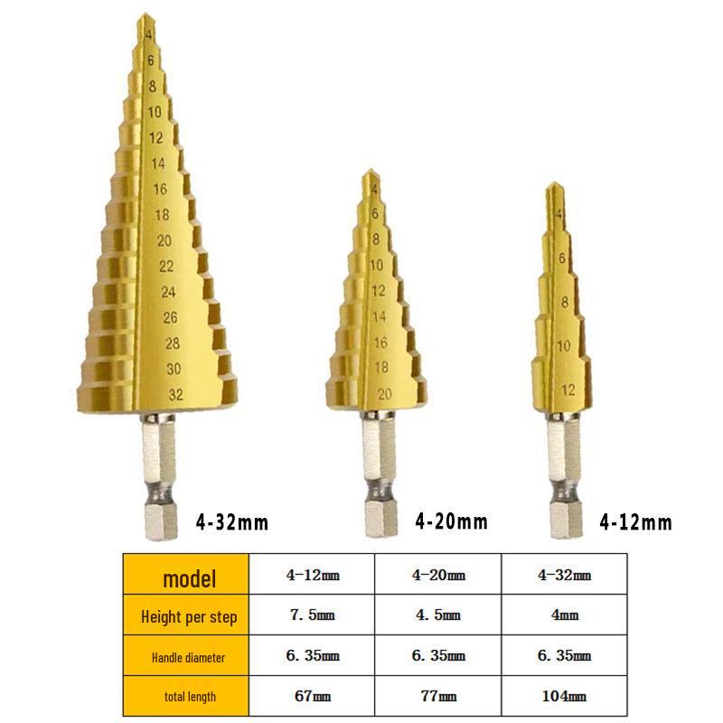 Large Titanium-Plated Step Drill Set: 4-32mm, 4-20mm, 4-12mm, Triangular Handle, Straight Flute, Pagoda Hole Opener