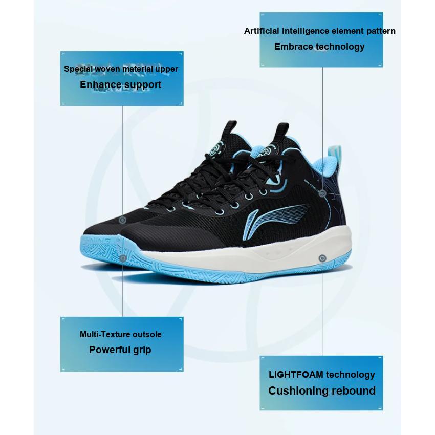 Li Ning Primary 3.0 Mesh Shock Absorption Non-Slip Lightweight Rebound Low-Top Kids Basketball Shoes Kids Basketball Shoes Black Blue YKBT028-5