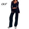 Soft Spring Autumn Clothes Women Sweatshirt Pants 2-Piece Set, V Neck Slim Fit Top & High Tops Waisted Wide Leg Trousers, Solid Color Lounge