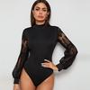 Spring Summer Lace Splice Slim Fit Black Bodysuit Fashion Long Sleeve One Piece Jumpsuit Women Rompers