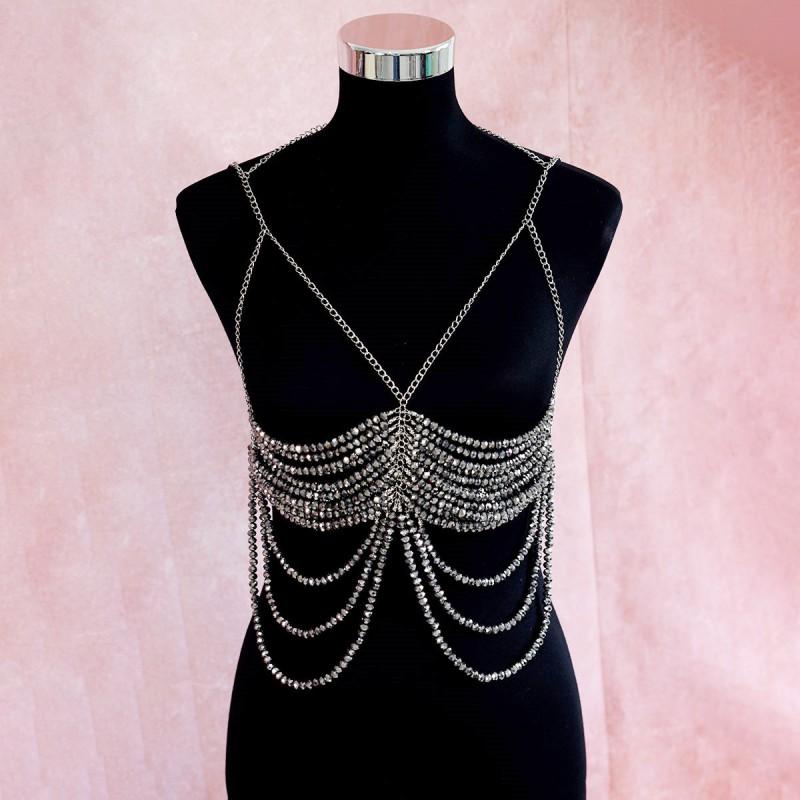 Sparkling Crystal Multi-Layer Tassel Body Chain Women Choker Style Metal Neckline Jewelry Party Streetwear