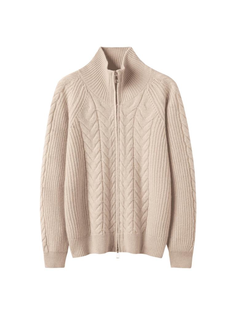 Elegant Cashmere Cable Knit Cardigan: Women's Half-High Collar Zipper Wool Coat for Autumn/Winter 2026.