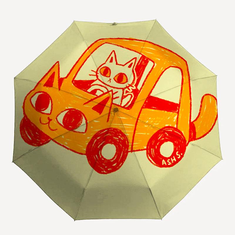 1 шт. Кот Автомобильное Приключение Автоматическое Открытие/Закрытие, Железный Каркас с 8 Ребрами, Компактный Складной Милый Зонт Всесезонный Портативный Зонт для Путешествий0104037