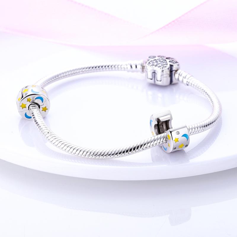 925 Sterling Silver Glowing Stars Moon Sun Rainbow Dangle Charms Beads Bracelet Necklace Jewelry Women