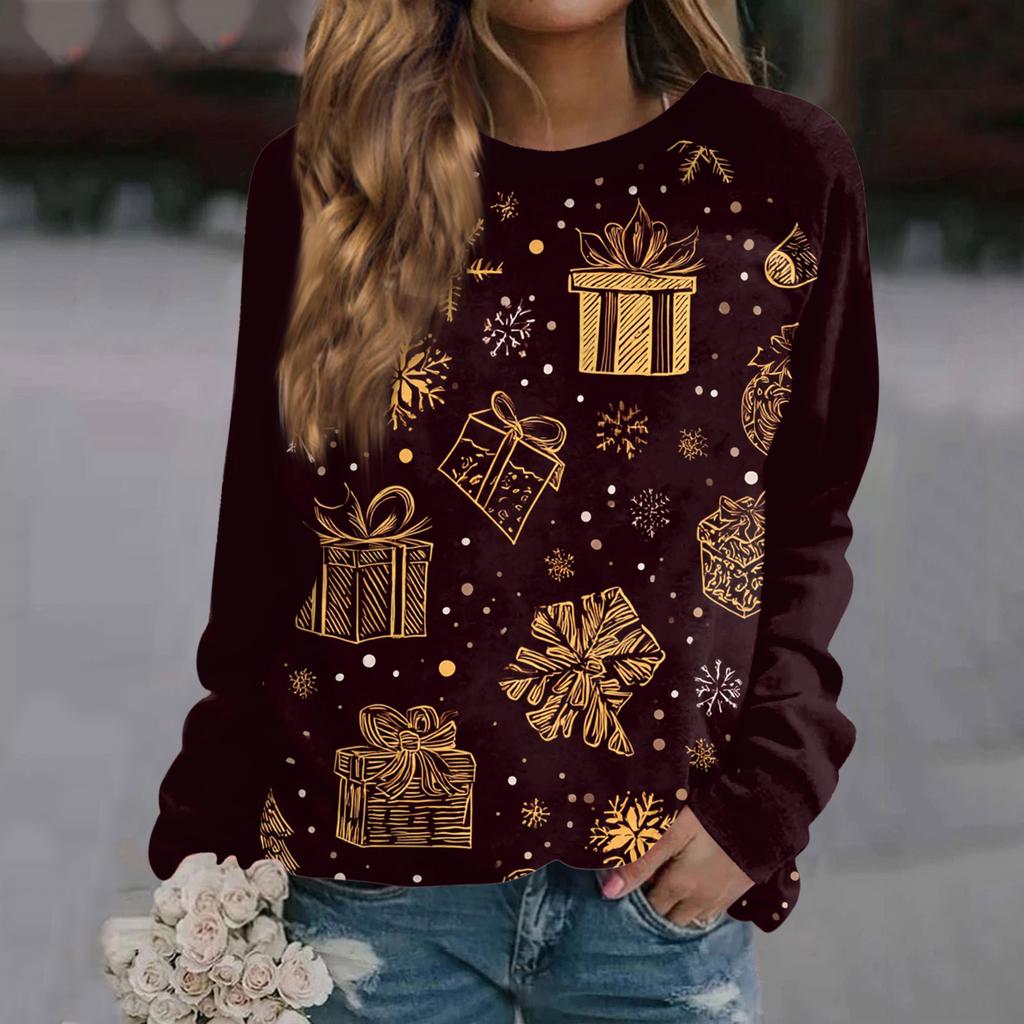 Women's Fashion Casual Long Sleeve Christmas Printed Neck Sweatshirt Top