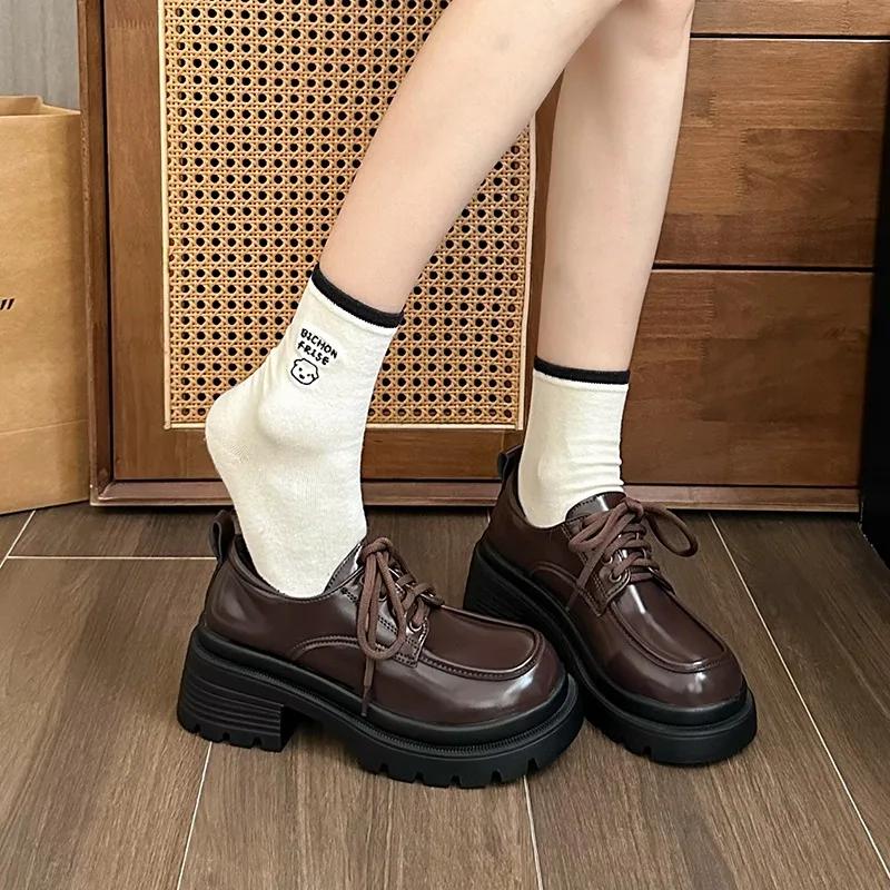 2024 Горячая Распродажа Женская Обувь Лоферы Женские Туфли На Высоком Каблуке Платформа Повседневные Туфли Женские Круглые Носки Средний Каблук Шнуровка Теплые Туфли Женские