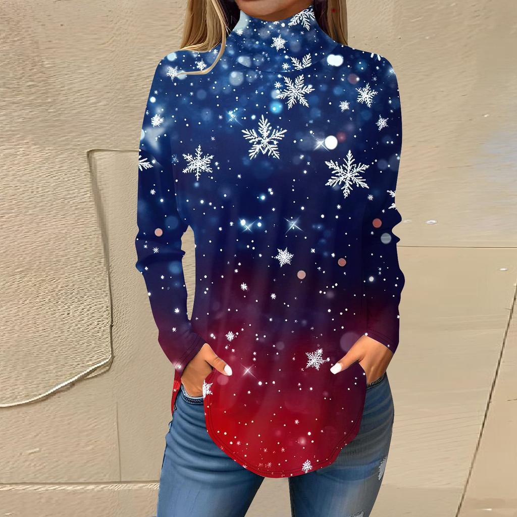 Женская модная повседневная футболка с высоким воротом и рождественским принтом, длинный рукав, пуловер, топ