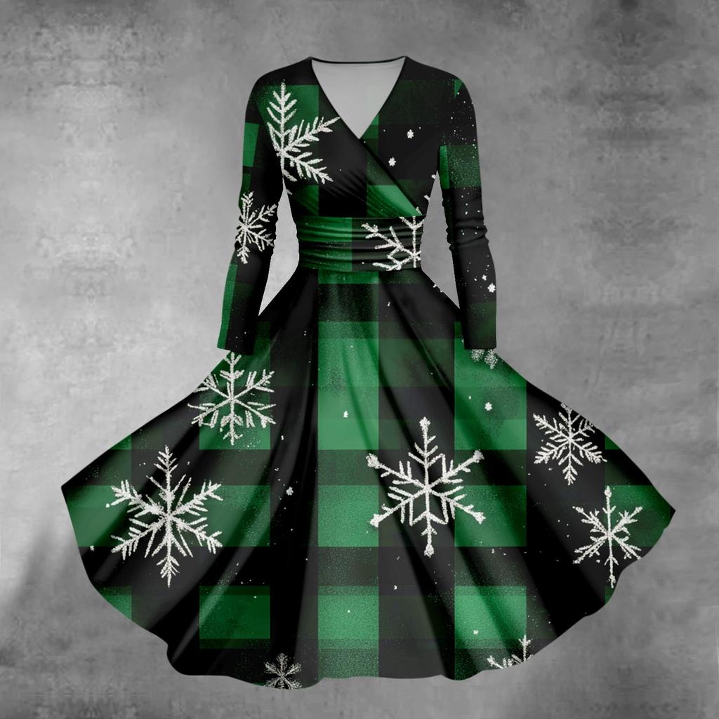 Женское облегающее платье свободного кроя с принтом рождественской елки и снежинок, V-образным вырезом и длинными рукавами