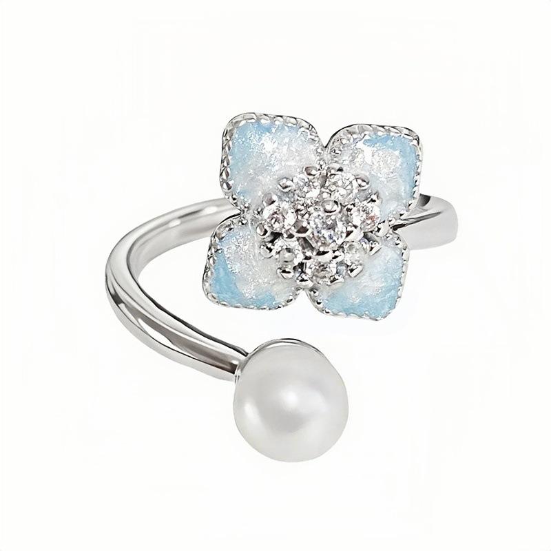 Mori Enamel Blue And White Petals Zircon Butterfly Opening Ring Light Luxury Foreign Temperament Niche High Sense Ring Woman