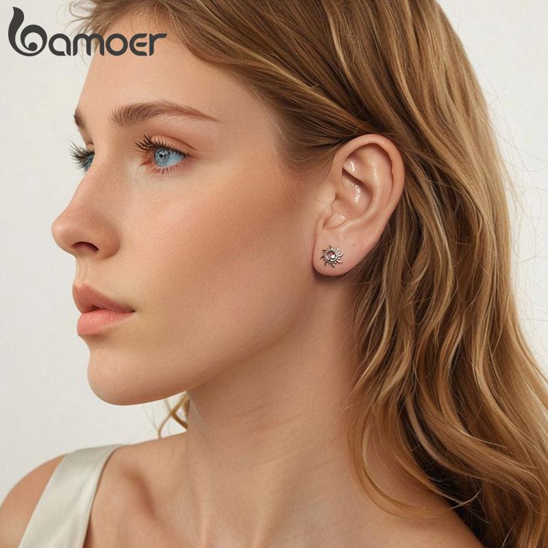 BAMOER Solid 925 Sterling Silver Chic Sun Stud Серьги Изящные Повседневные Серьги для Женщин Гипоаллергенные Украшения