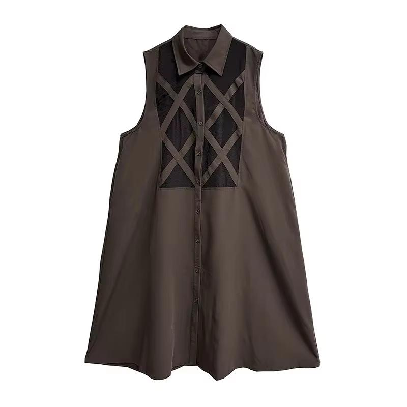 Xitao Patchwork Mesh Turn-down Collar Dress GYX1407