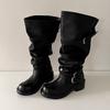 Версия из коровьей кожи~ Сапоги-чулки на ремне до колена на толстом каблуке, ретро, старые длинные сапоги, корейская версия, нишевые сапоги, рабочие сапоги для женщин