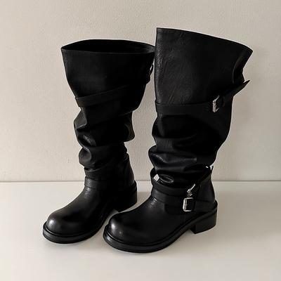 Версия из коровьей кожи~ Сапоги-чулки на ремне до колена на толстом каблуке, ретро, старые длинные сапоги, корейская версия, нишевые сапоги, рабочие сапоги для женщин